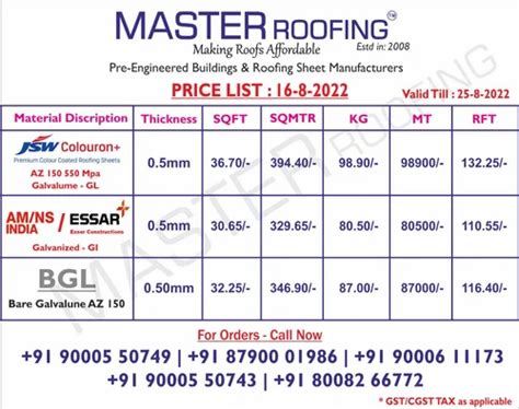 roof sheets price list